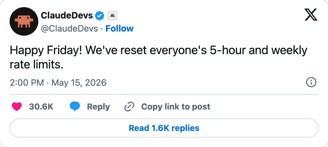Capture of the post by @ClaudeDevs on 15 May 2026