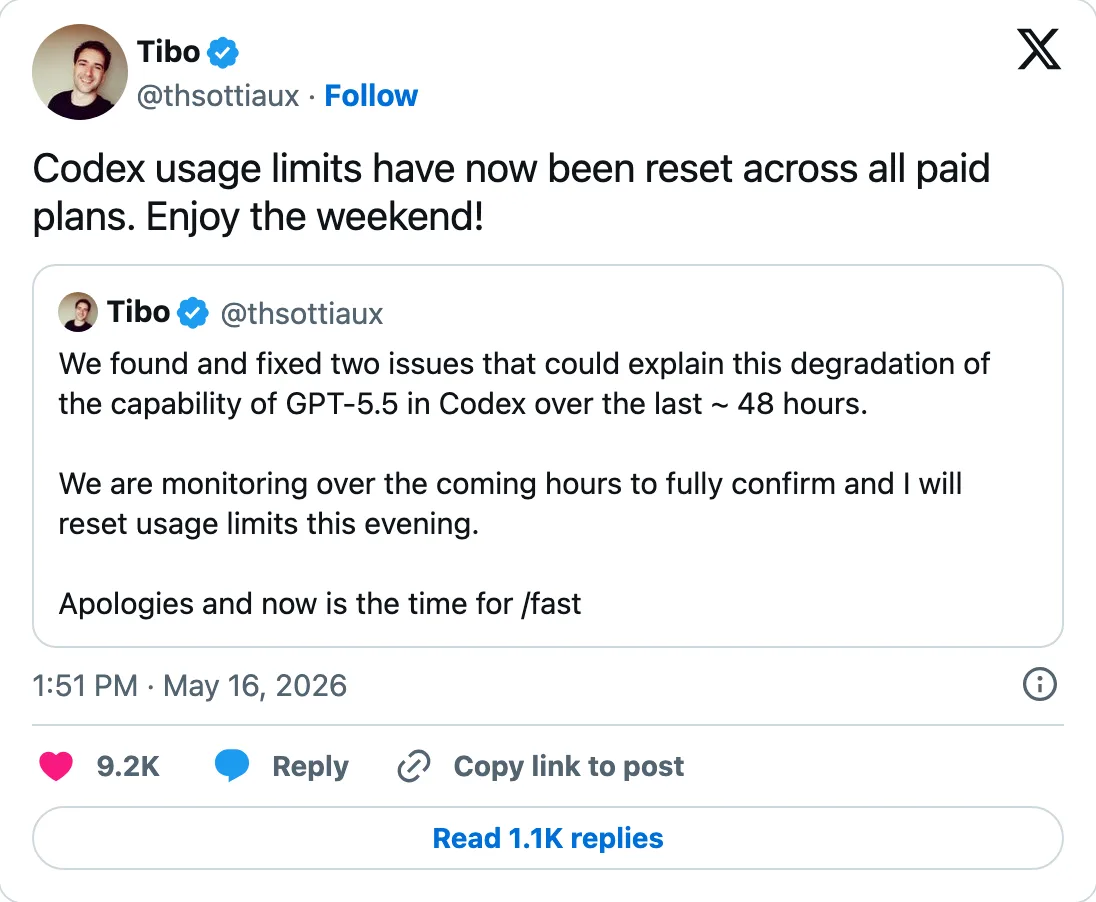 Capture of the post by @thsottiaux on 16 May 2026