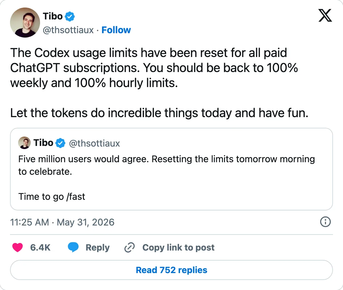 Capture of the post by @thsottiaux on 31 May 2026