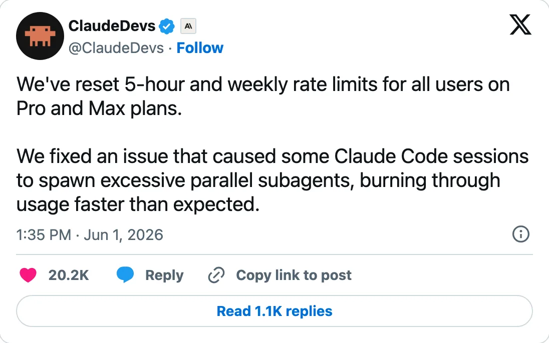Capture of the post by @ClaudeDevs on 1 Jun 2026