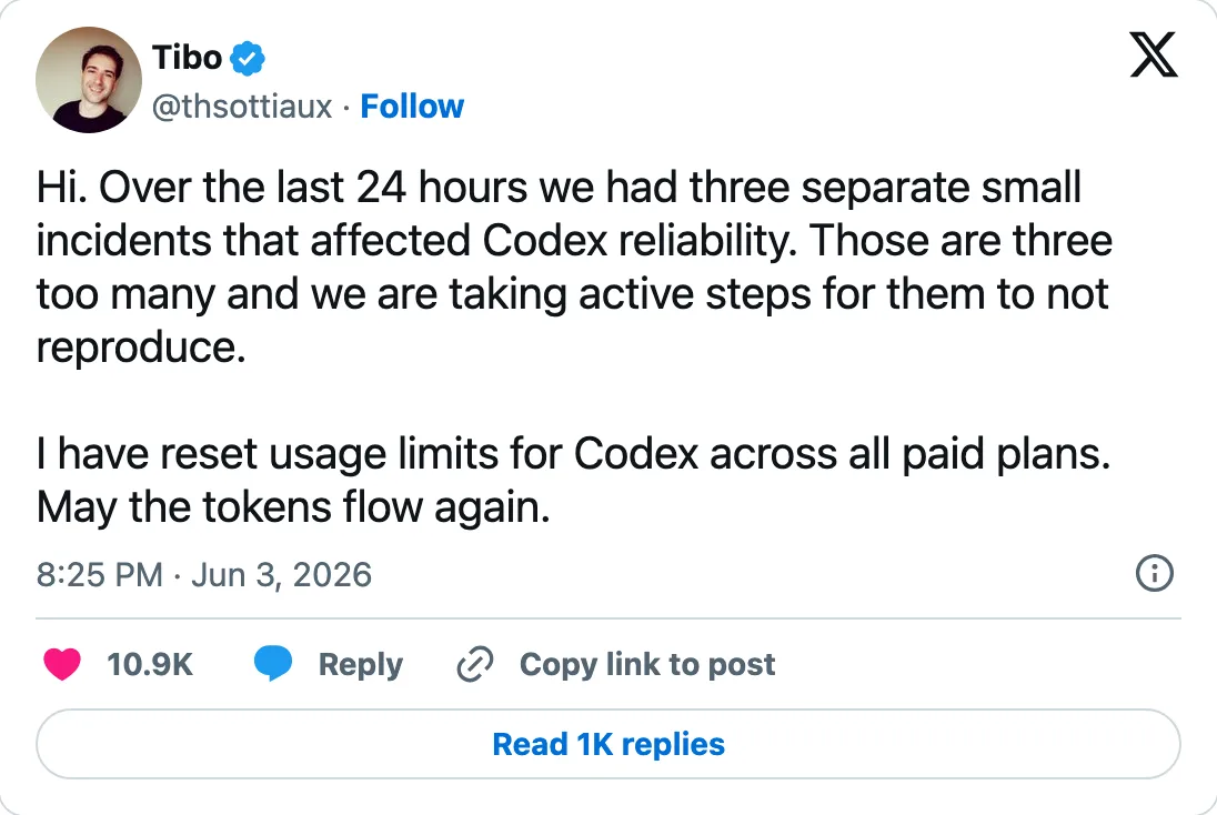 Capture of the post by @thsottiaux on 4 Jun 2026