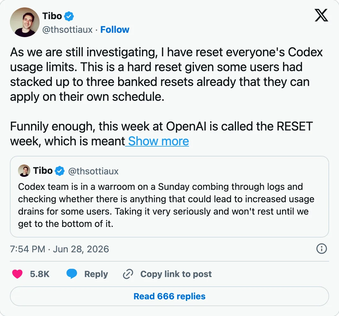 Capture of the post by @thsottiaux on 28 Jun 2026