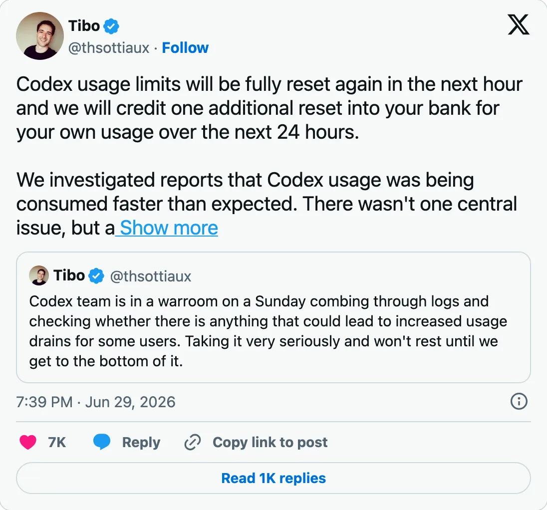 Capture of the post by @thsottiaux on 29 Jun 2026