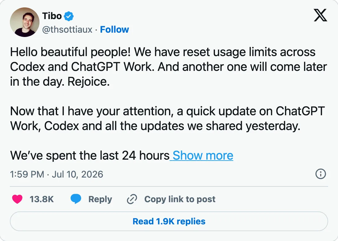 Capture of the post by @thsottiaux on 10 Jul 2026
