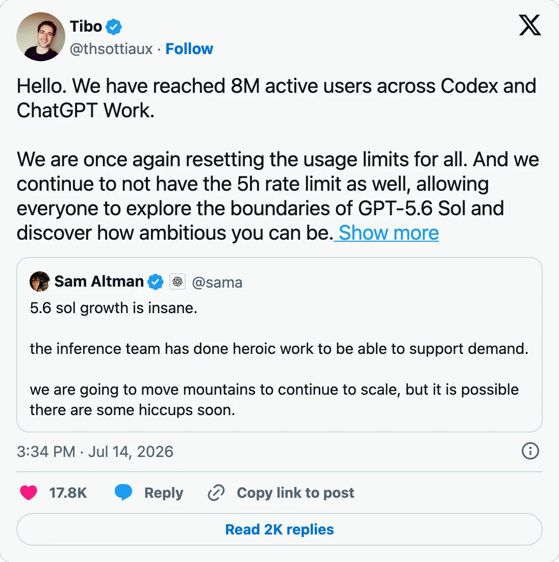 Capture of the post by @thsottiaux on 14 Jul 2026