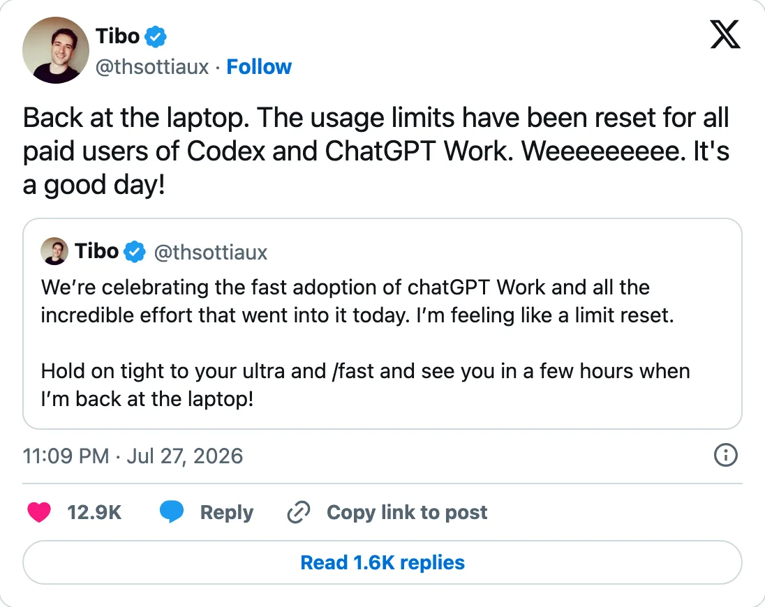 Capture of the post by @thsottiaux on 28 Jul 2026