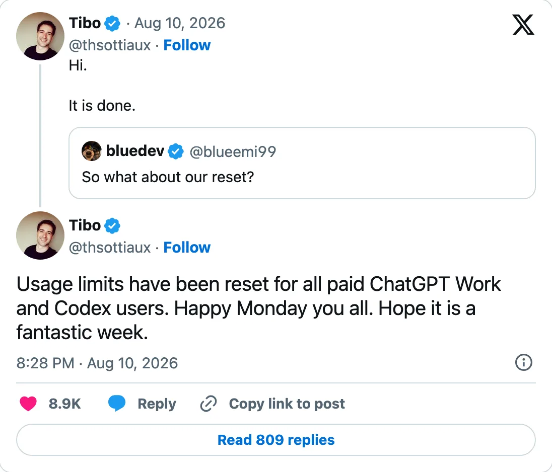Capture of the post by @thsottiaux on 11 Aug 2026