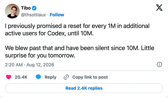 Capture of the post by @thsottiaux on 12 Aug 2026