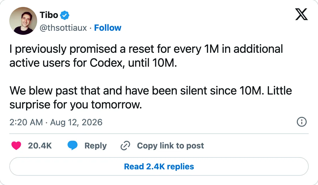 Capture of the post by @thsottiaux on 12 Aug 2026