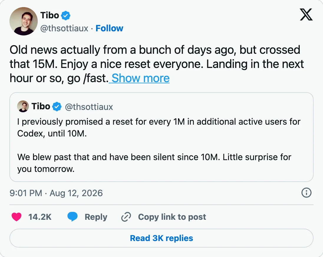 Capture of the post by @thsottiaux on 13 Aug 2026