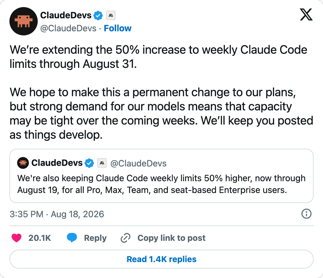 Capture of the post by @ClaudeDevs on 18 Aug 2026
