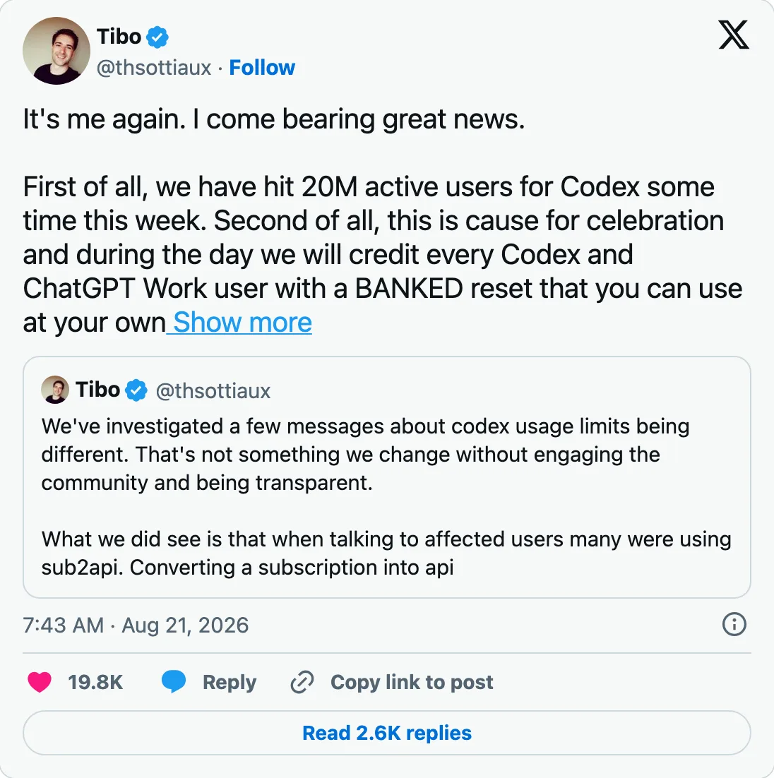 Capture of the post by @thsottiaux on 21 Aug 2026