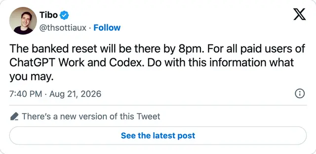 Capture of the post by @thsottiaux on 21 Aug 2026
