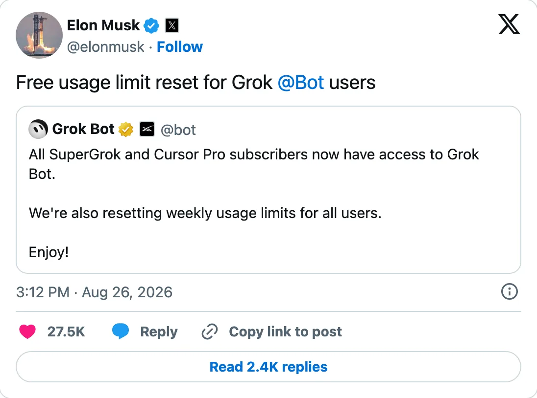 Capture of the post by @elonmusk on 26 Aug 2026
