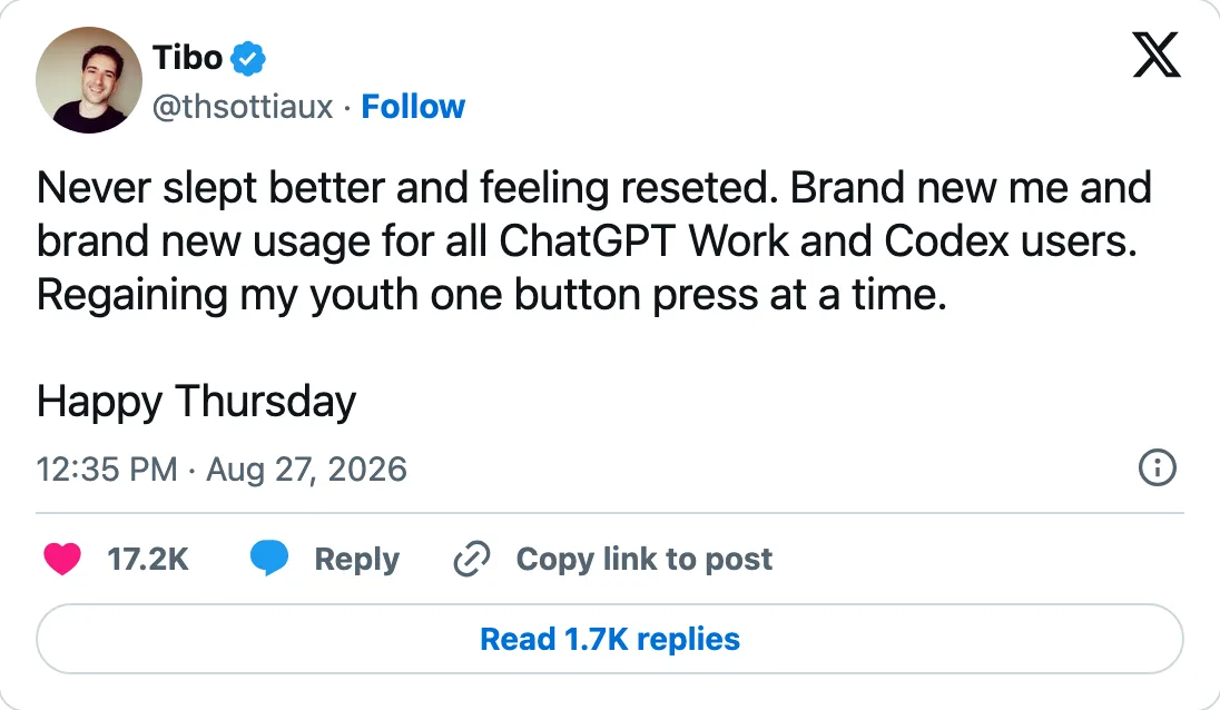 Capture of the post by @thsottiaux on 27 Aug 2026
