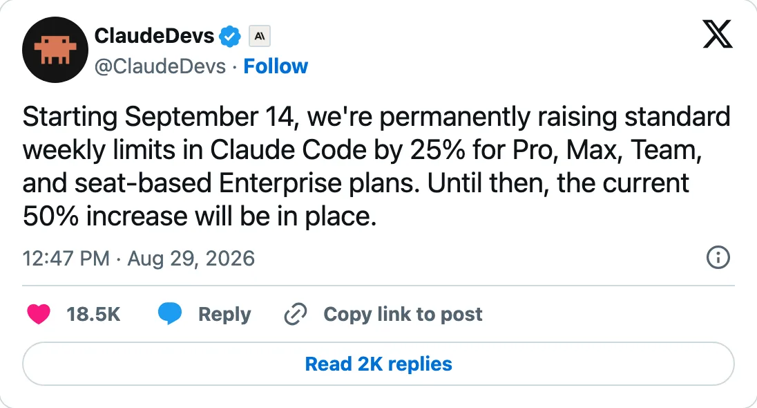 Capture of the post by @ClaudeDevs on 29 Aug 2026