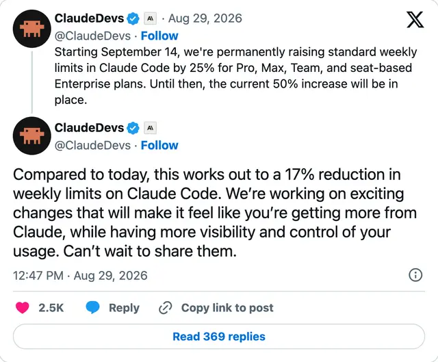 Capture of the post by @ClaudeDevs on 29 Aug 2026