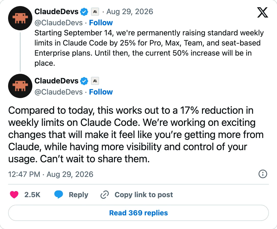Capture of the post by @ClaudeDevs on 29 Aug 2026