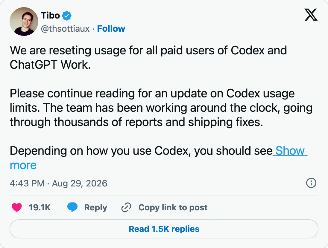 Capture of the post by @thsottiaux on 29 Aug 2026