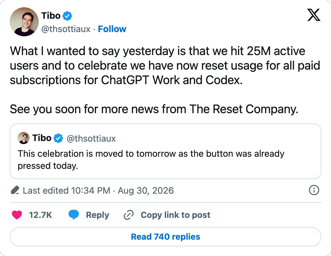 Capture of the post by @thsottiaux on 31 Aug 2026