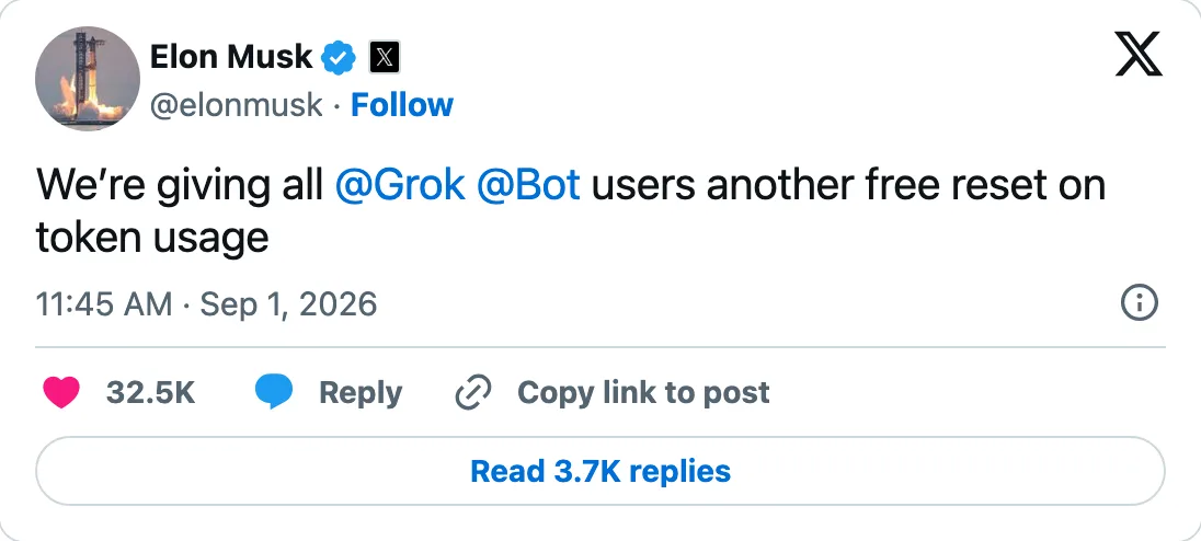 Capture of the post by @elonmusk on 1 Sep 2026