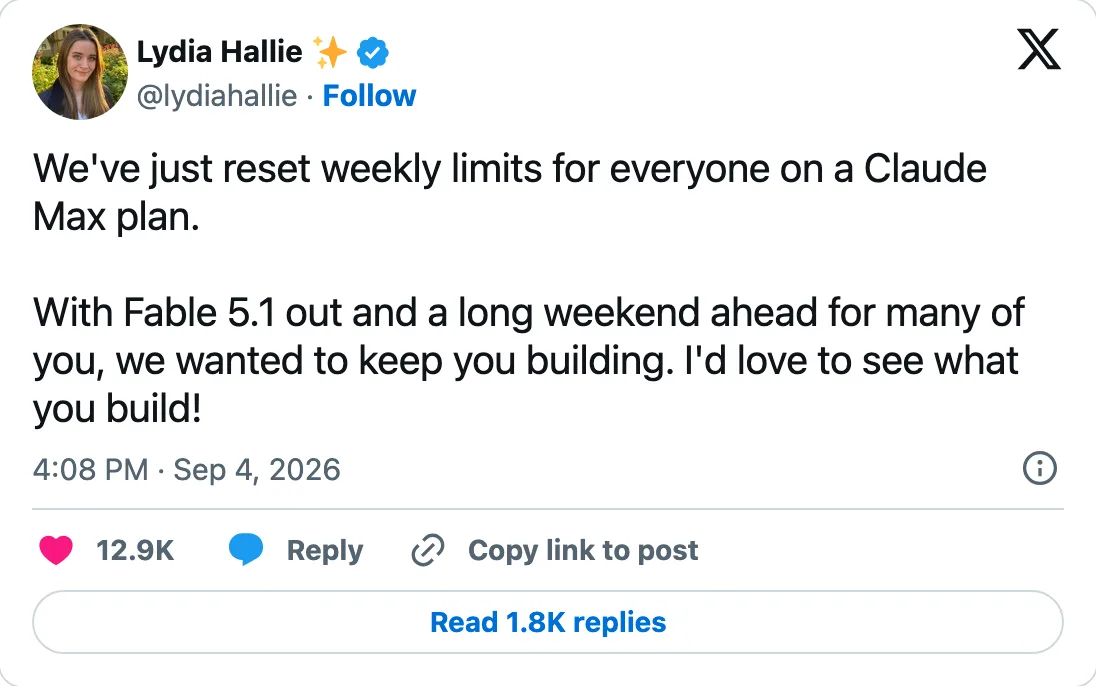 Capture of the post by @lydiahallie on 4 Sep 2026