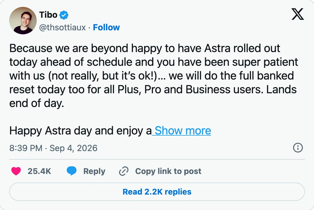 Capture of the post by @thsottiaux on 5 Sep 2026