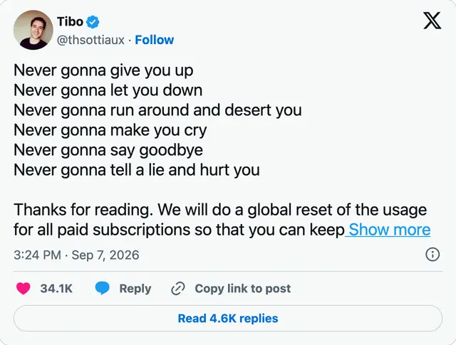 Capture of the post by @thsottiaux on 7 Sep 2026