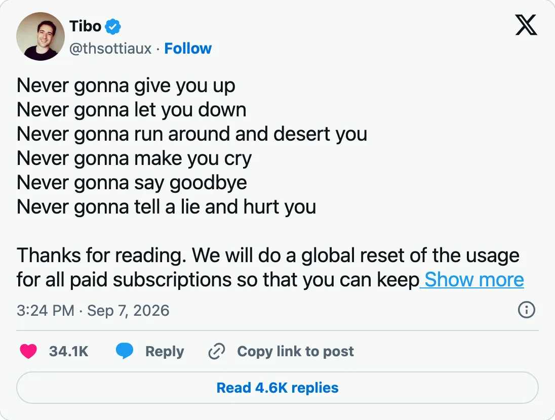 Capture of the post by @thsottiaux on 7 Sep 2026