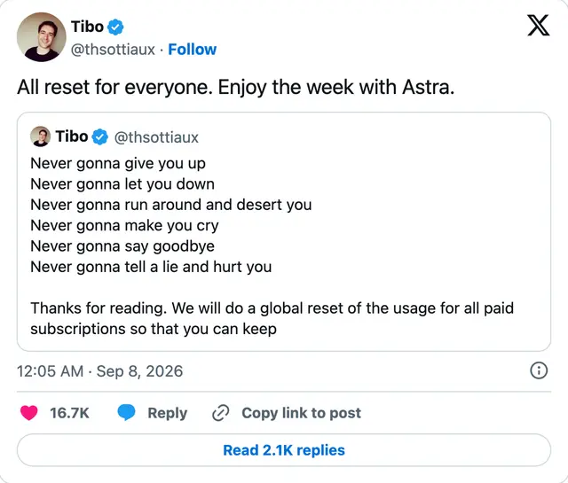 Capture of the post by @thsottiaux on 8 Sep 2026