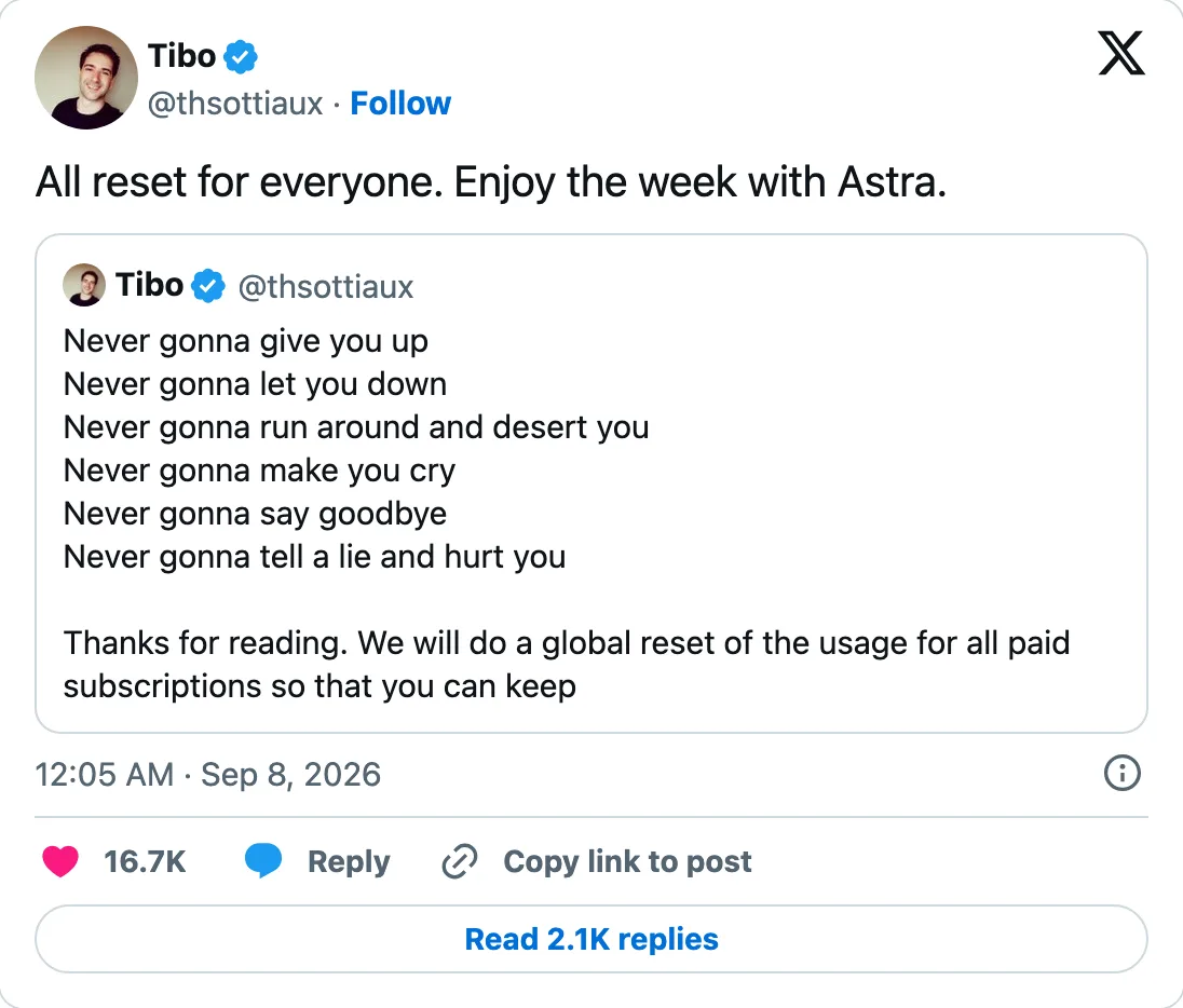 Capture of the post by @thsottiaux on 8 Sep 2026