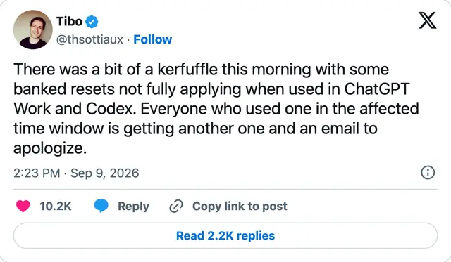 Capture of the post by @thsottiaux on 9 Sep 2026