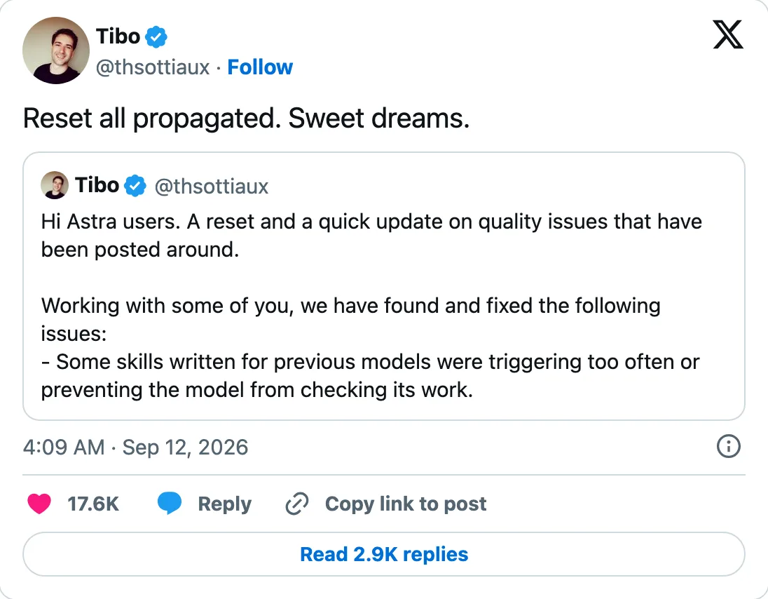 Capture of the post by @thsottiaux on 12 Sep 2026