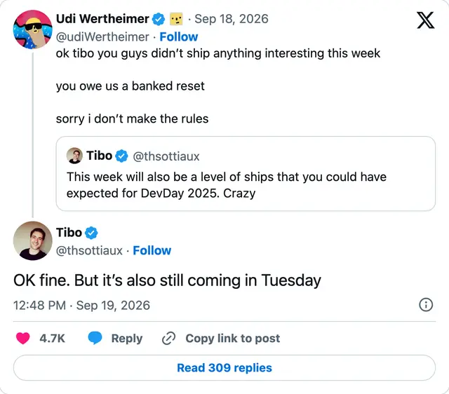Capture of the post by @thsottiaux on 19 Sep 2026
