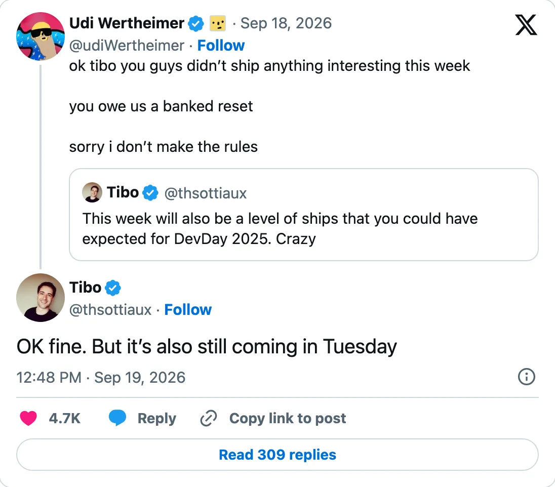 Capture of the post by @thsottiaux on 19 Sep 2026