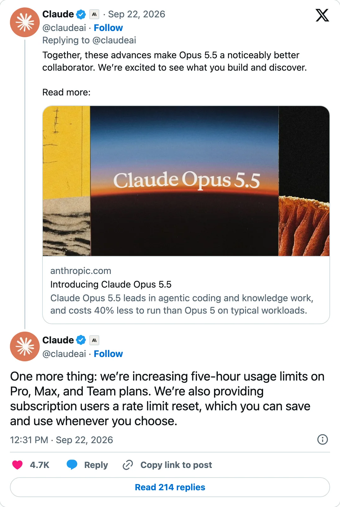 Capture of the post by @claudeai on 22 Sep 2026