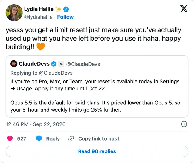 Capture of the post by @lydiahallie on 22 Sep 2026