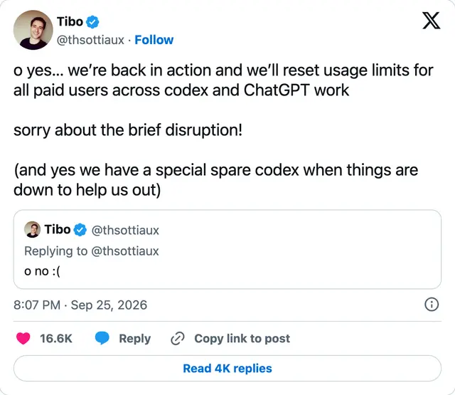 Capture of the post by @thsottiaux on 26 Sep 2026