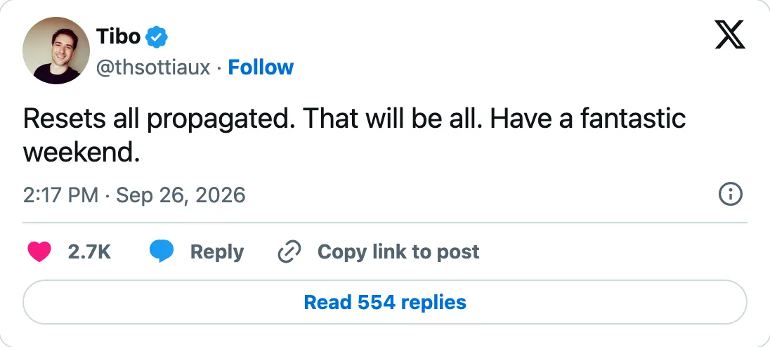 Capture of the post by @thsottiaux on 26 Sep 2026