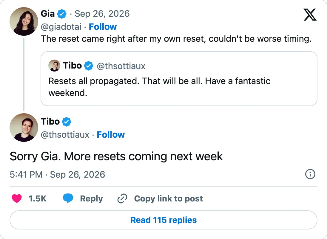 Capture of the post by @thsottiaux on 26 Sep 2026