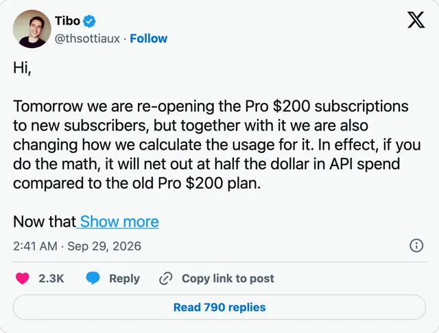 Capture of the post by @thsottiaux on 29 Sep 2026