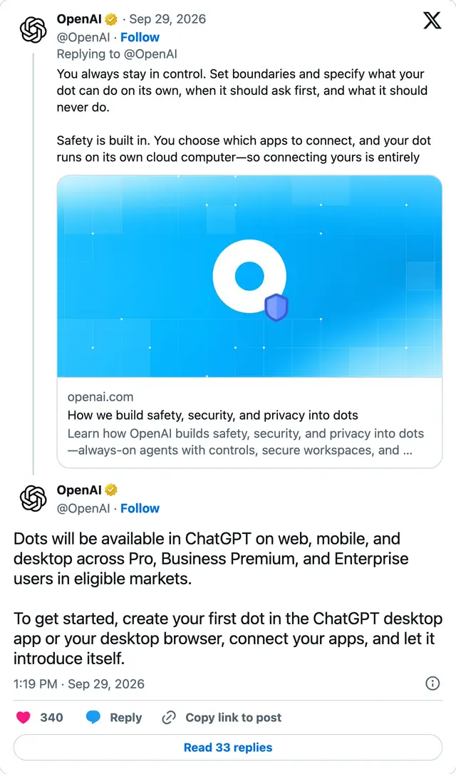 Capture of the post by @OpenAI on 29 Sep 2026