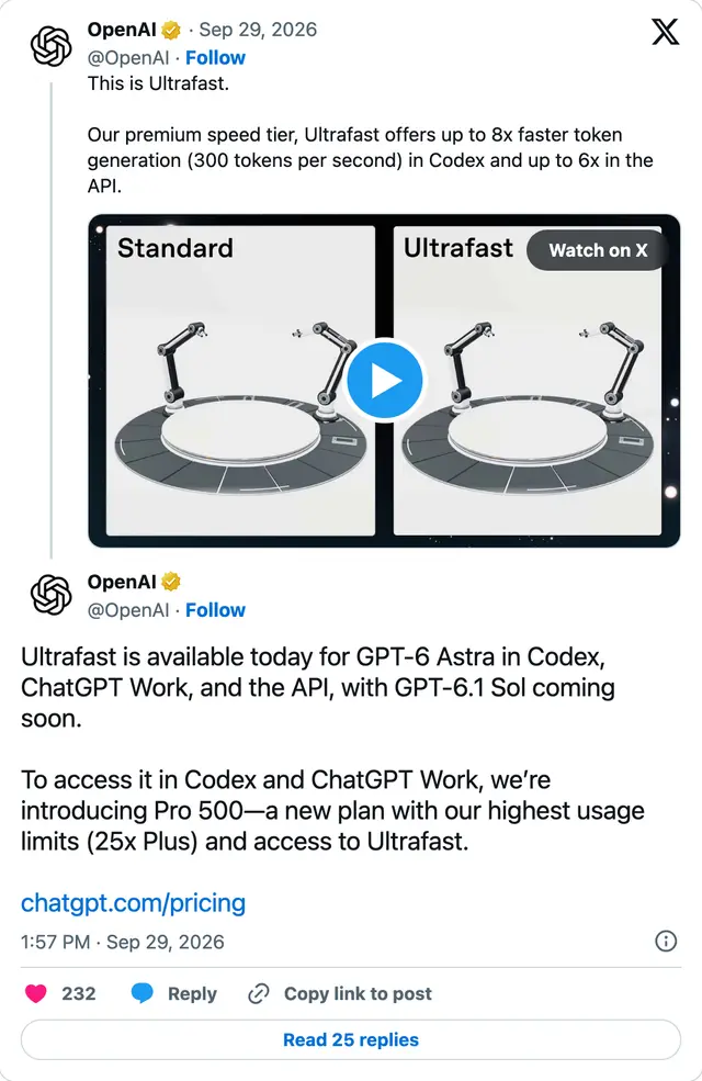 Capture of the post by @OpenAI on 29 Sep 2026