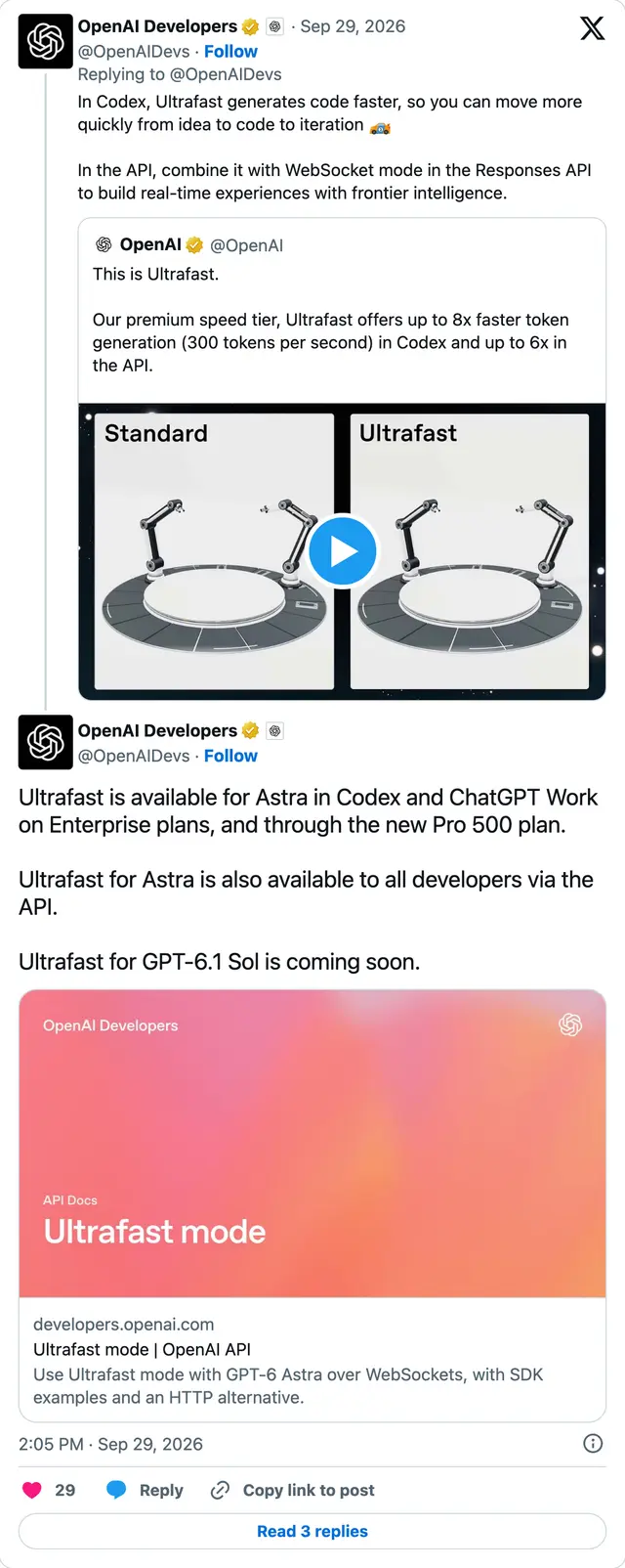 Capture of the post by @OpenAIDevs on 29 Sep 2026