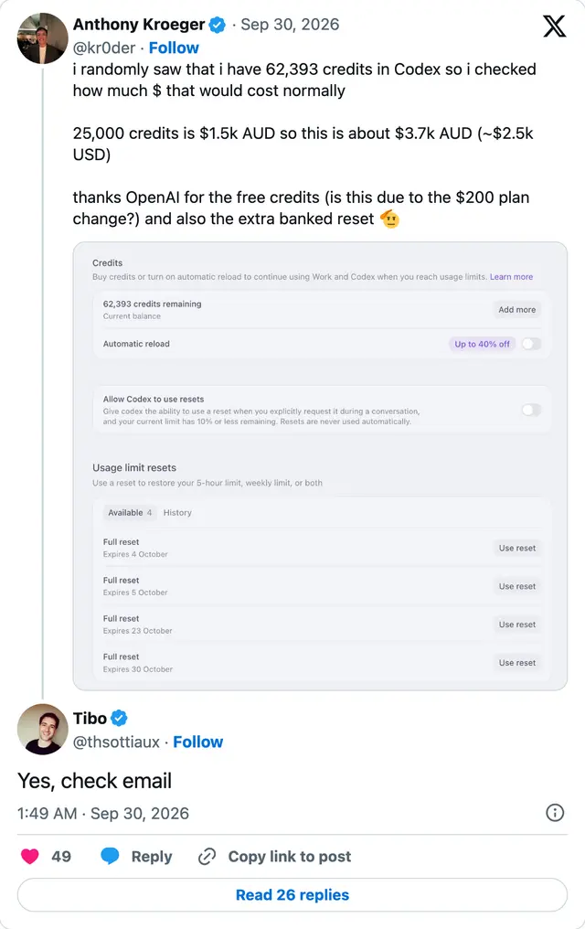 Capture of the post by @thsottiaux on 30 Sep 2026