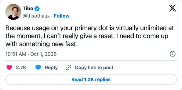 Capture of the post by @thsottiaux on 1 Oct 2026