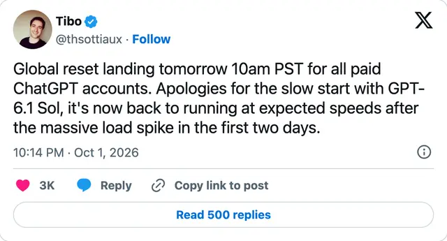 Capture of the post by @thsottiaux on 2 Oct 2026