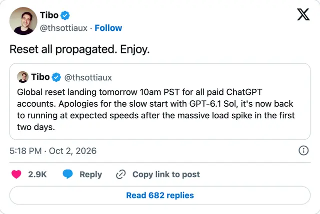 Capture of the post by @thsottiaux on 2 Oct 2026