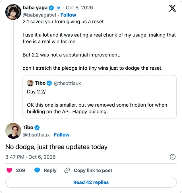 Capture of the post by @thsottiaux on 6 Oct 2026