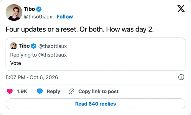 Capture of the post by @thsottiaux on 6 Oct 2026